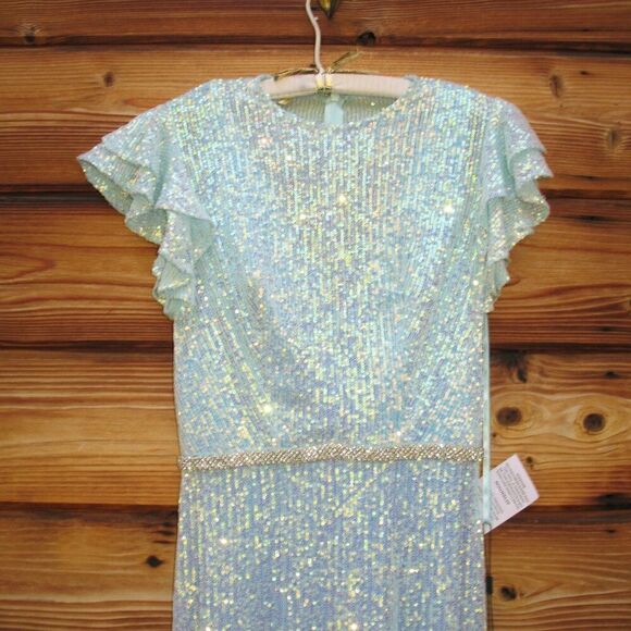 Mac Duggal 26942  Womens SEQUINED HIGH NECK FLUTTER SLEEVE GOWN Dress Blue - Picture 8 of 16